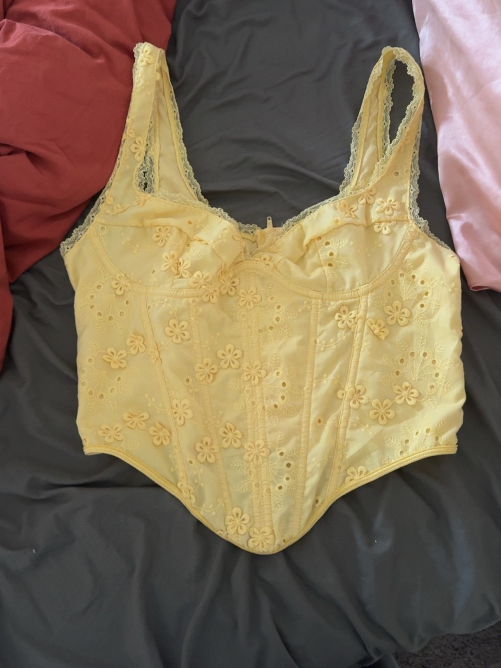 SHEIN Yellow Floral Eyelet Corset Bodysuit